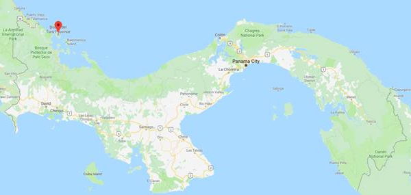 Google map of Panama with Bocas Del Toro highlighted