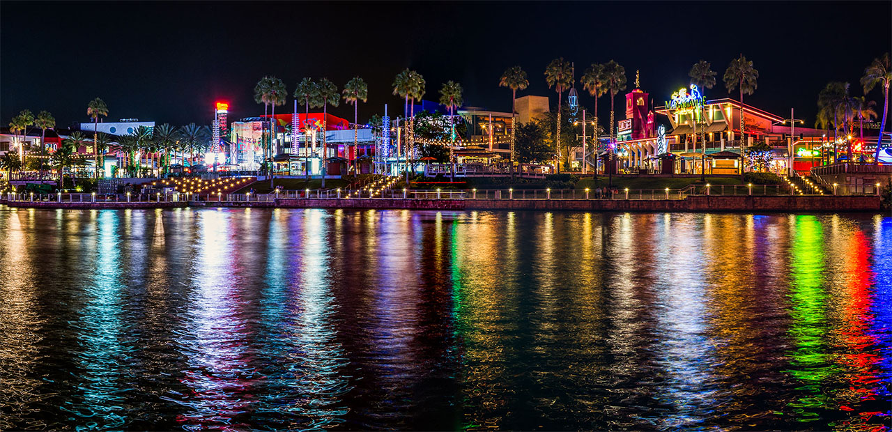 colorful building at the Orlando Citywalk at night