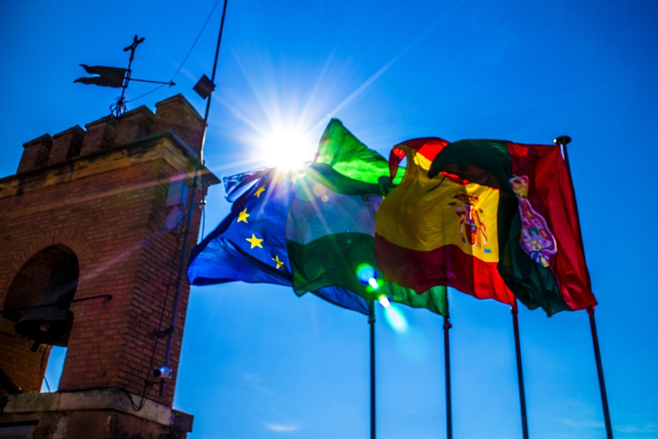 Spanish Waving Portugal Flags Eu Europe Spain