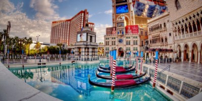 las vegas. casinos and venitian boats in the blue water