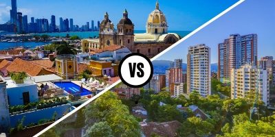 To the left an image of Cartagena, Colombia and to the right an image of Medellin, Colombia