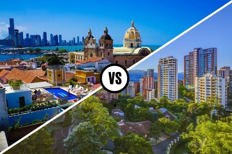 To the left an image of Cartagena, Colombia and to the right an image of Medellin, Colombia