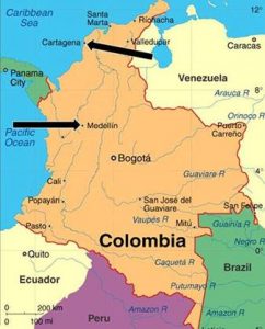 Map of colombia with arrows pointing to meddelin and cartagena