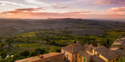 Sunset panorama of countryside fields in Abruzzo, Italy