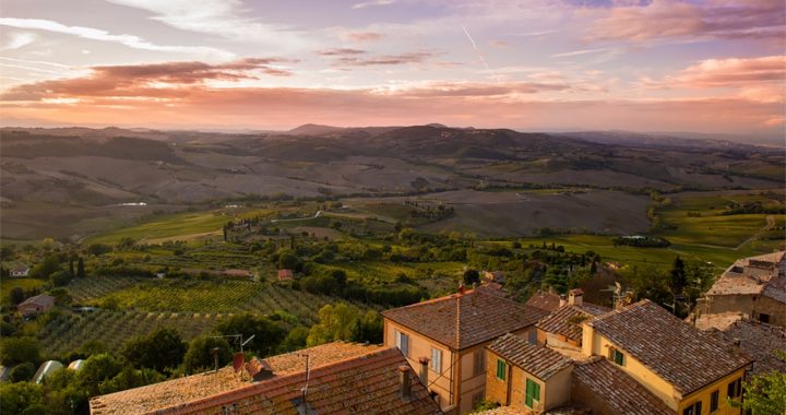 Sunset panorama of countryside fields in Abruzzo, Italy