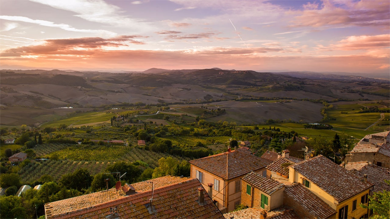 Sunset panorama of countryside fields in Abruzzo, Italy