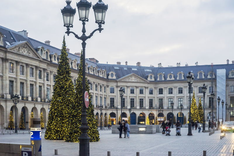 christmas trees outside buildings in paris