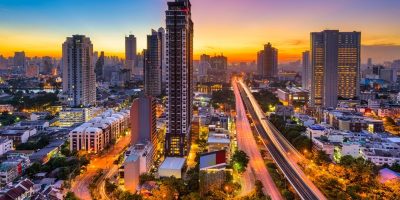 Bangkok, Thailand skyline from Krung Thon Buri on a beautiful sunrise.