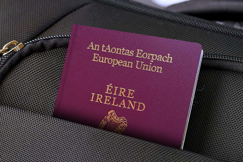 irish passport in a backpack
