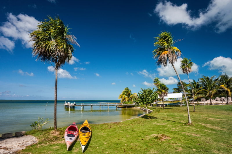 Kayaks at Corozal Bay seashore, Belize.