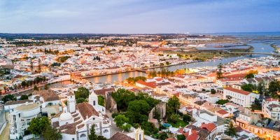 Moorish historic town of Tavira by Gilao river, Algarve, Portugal.