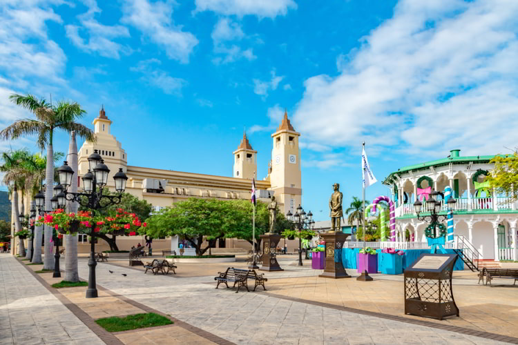 Christmas holidays in the Independence Square, Plaza de Independencia, near the San Felipe catholic cathedral in the city center of Puerto Plata, Dominican