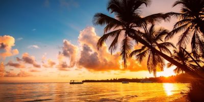 Palmtree silhouettes on the tropical beach, Dominican Republic.