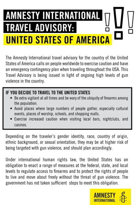 Amnesty International Travel Advisory for the USA