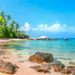 Beautiful tropical beach at exotic island with palm trees