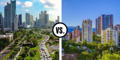 Panama City, Panama to the left on a sunny day and Medellin, Colombia on the right