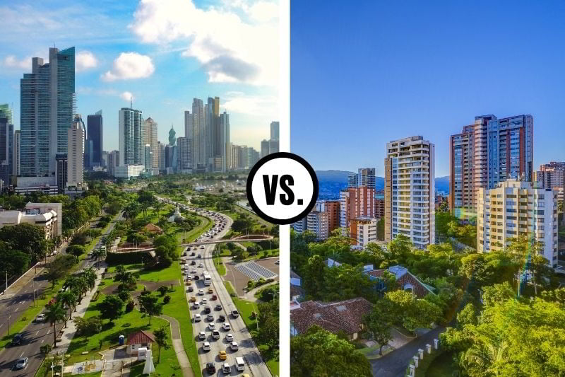 Panama City, Panama to the left on a sunny day and Medellin, Colombia on the right