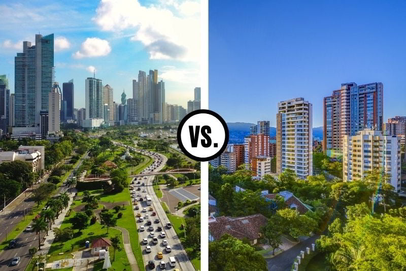 Panama City, Panama to the left on a sunny day and Medellin, Colombia on the right