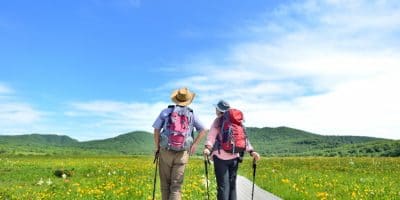 Senior couple hiking during summer