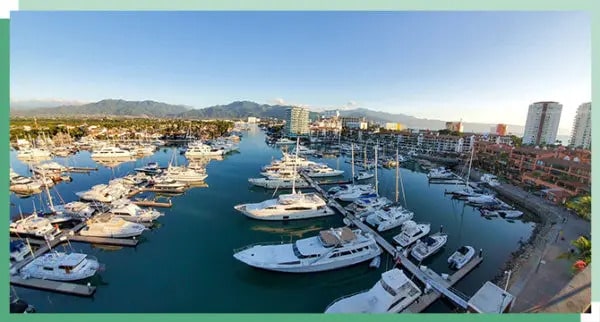 A harbor with boats in a Mexican town