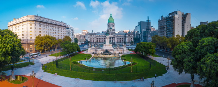 Aerial panorama of the square near Congreso on a sunny day in Buenos Aires, Argentina