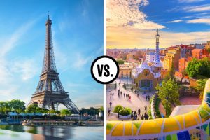 The Eifel Tower in Paris to the left and Guell Park in Barcelona to the right