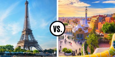 The Eifel Tower in Paris to the left and Guell Park in Barcelona to the right