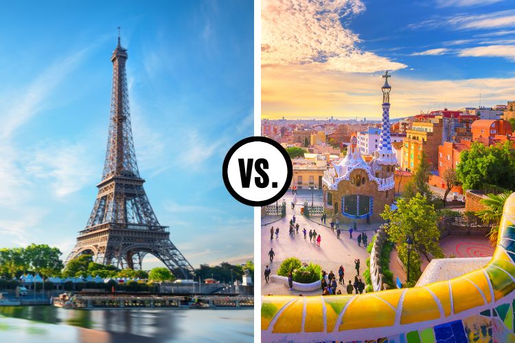 The Eifel Tower in Paris to the left and Guell Park in Barcelona to the right