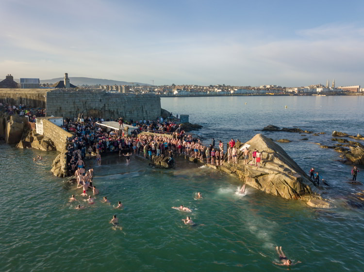 Forty Foot during Christmas traditional swim in Dublin, Ireland. 