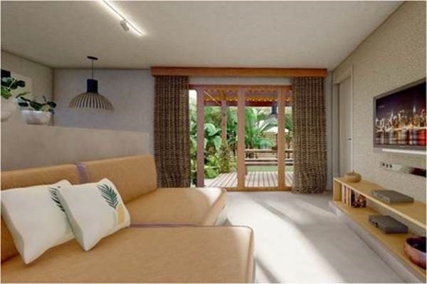 The living room of a beach bungalow