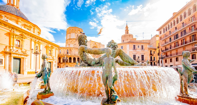 Historic Turia Fountain (Fuente del Turia) with Neptune statue in Valencia