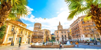 Panoramic view of Plaza de la Virgen (Square of Virgin Saint Mary) and Valencia old town