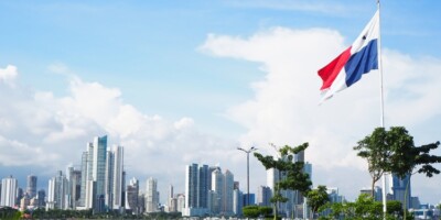 City skyline with green grass and flag flying. Blue sky and white clouds