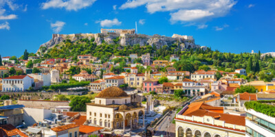 View of the Acropolis from the Plaka, Athens, Greece