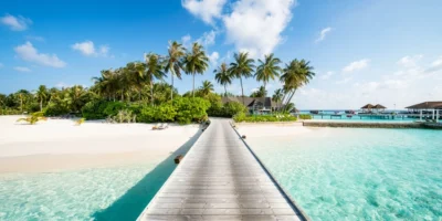 Summer vacation on a tropical island with beautiful beach and palm trees