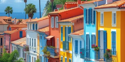 colorful buildings with blue sky as backdrop