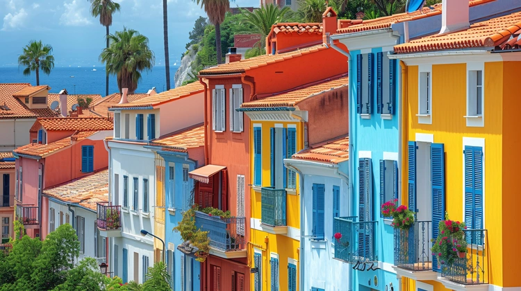 colorful buildings with blue sky as backdrop