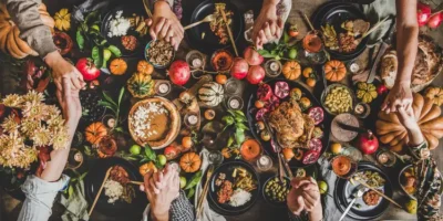 overhead view of a thanksgiving feast.