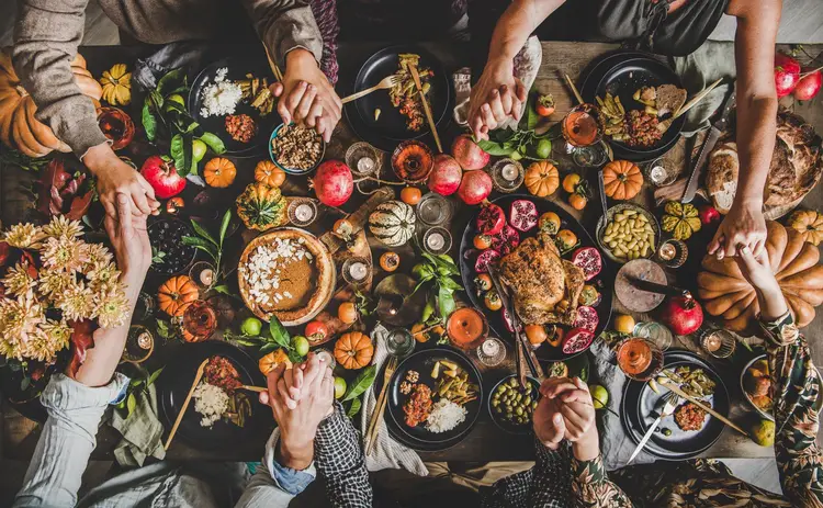 overhead view of a thanksgiving feast.