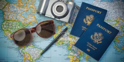 world map, camara, sunglasses and two american passports